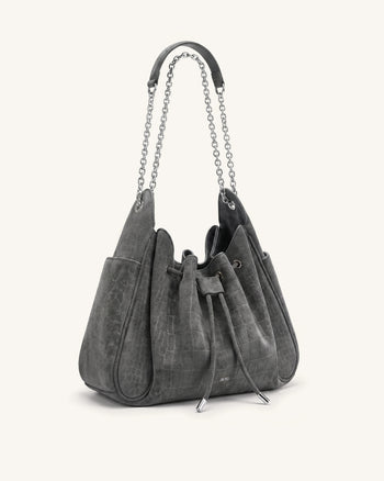 Rowan Sac seau à chaîne avec cordon de serrage en suédine - Effet croco gris fumé