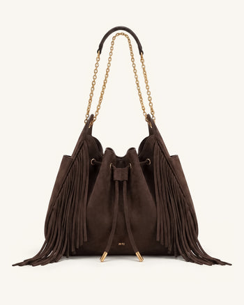 Rowan Sac seau à chaîne, cordon de serrage, détails froncés et pompons en faux daim - Marron ambré