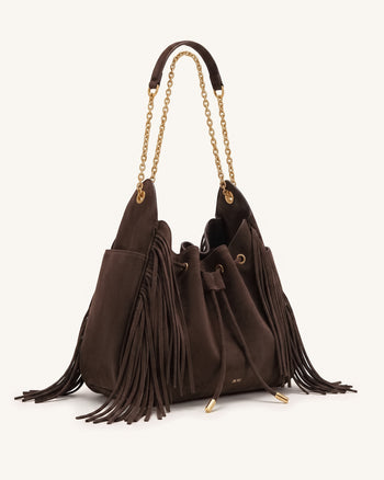 Rowan Sac seau à chaîne, cordon de serrage, détails froncés et pompons en faux daim - Marron ambré