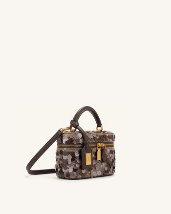 Cleo Sac à poignée supérieure en forme de boîte à sequins métallisés - Marron