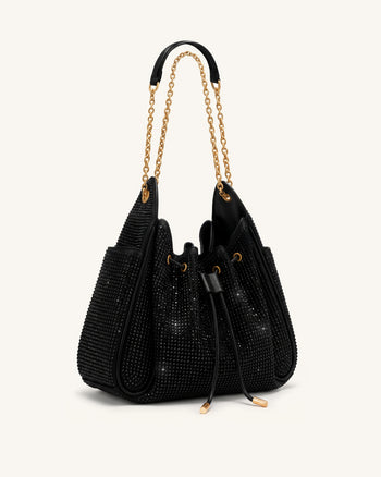 Rowan Sac seau à chaîne, cordon de serrage et détails froncés en cristaux artificiels - Obsidienne