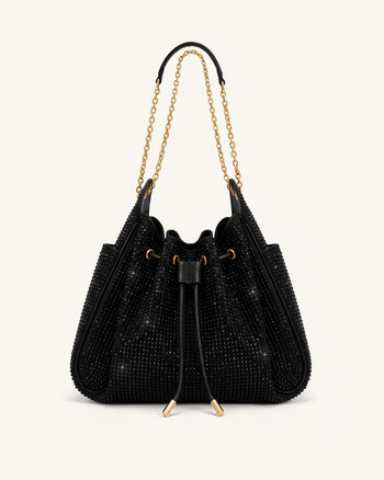 Rowan Sac seau à chaîne, cordon de serrage et détails froncés en cristaux artificiels - Obsidienne