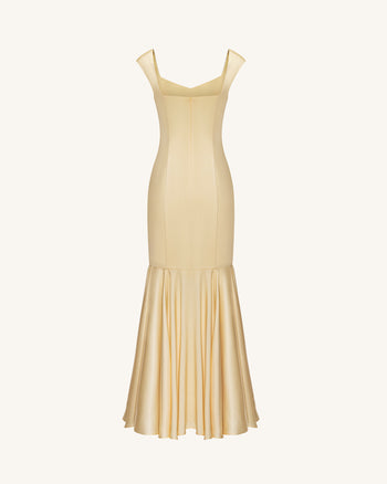 Iris Robe longue sirène imprimée en satin - Jaune pâle