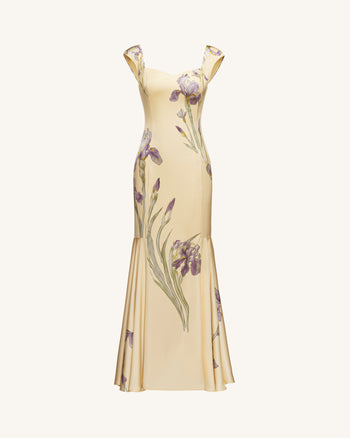 Iris Robe longue sirène imprimée en satin - Jaune pâle
