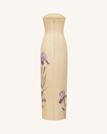Iris Robe longue imprimée sans bretelles en satin fendue - Jaune pâle