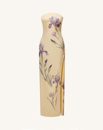 Iris Robe longue imprimée sans bretelles en satin fendue - Jaune pâle