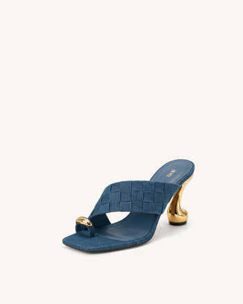 Noemi Mules à bout carré avec détails métalliques tissés - Bleu denim