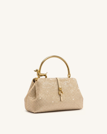 Bruna Sac à poignée supérieure en métal motif teckel en cristal artificiel - Champagne