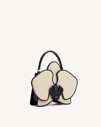 Flora Sac à main à anse supérieure en forme d'orchidée - Toile noir et blanc