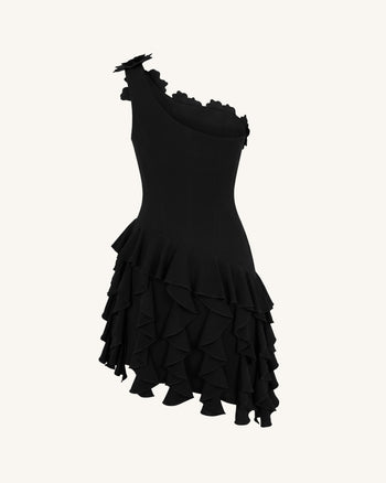 Robe courte corset asymétrique à fleurs brodées - Noir