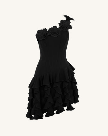 Robe courte corset asymétrique à fleurs brodées - Noir