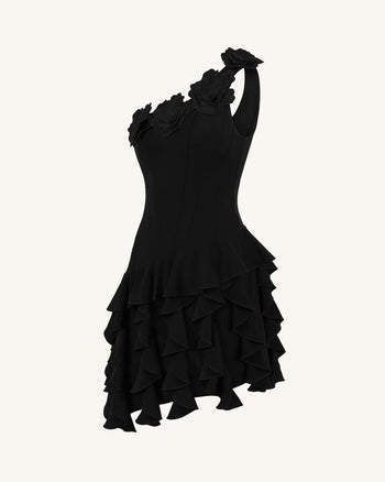 Robe courte corset asymétrique à fleurs brodées - Noir