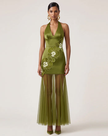 Robe longue dos nu à ourlet transparent et broderies orchidées - Olive