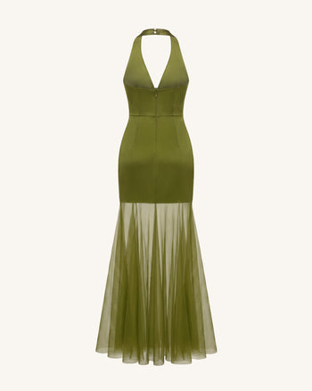 Robe longue dos nu à ourlet transparent et broderies orchidées - Olive