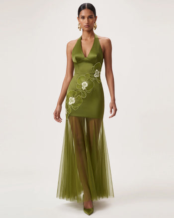 Robe longue dos nu à ourlet transparent et broderies orchidées - Olive