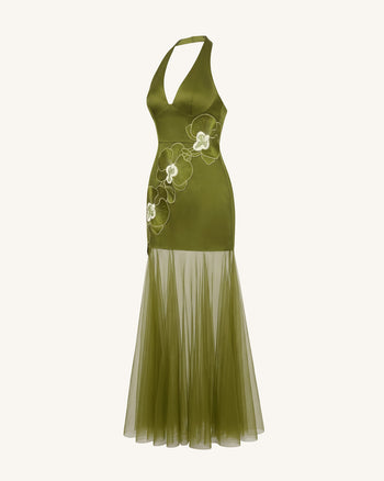 Robe longue dos nu à ourlet transparent et broderies orchidées - Olive