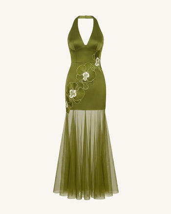 Robe longue dos nu à ourlet transparent et broderies orchidées - Olive