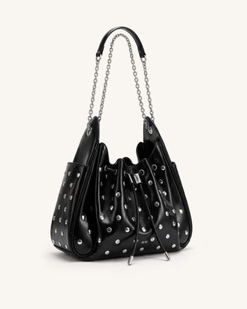 Rowan Sac seau à chaîne, cordon de serrage, détails froncés et clous - Noir brillant