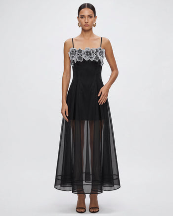 Robe longue superposée transparente à broderies florales - Noir