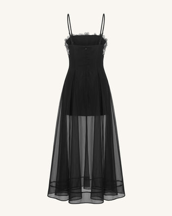 Robe longue superposée transparente à broderies florales - Noir