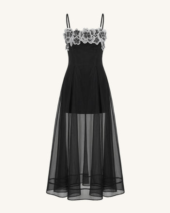 Robe longue superposée transparente à broderies florales - Noir