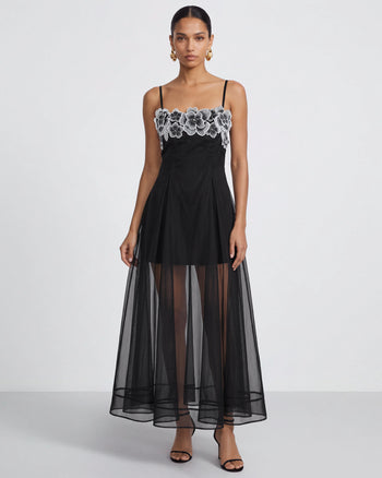 Robe longue superposée transparente à broderies florales - Noir