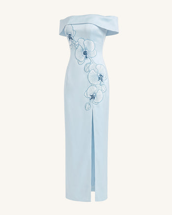 Robe longue épaules dénudées à orchidées brodées - Bleu