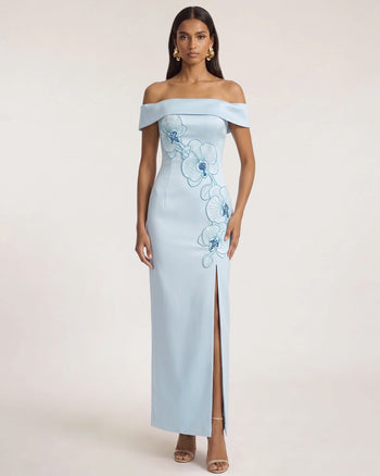 Robe longue épaules dénudées à orchidées brodées - Bleu