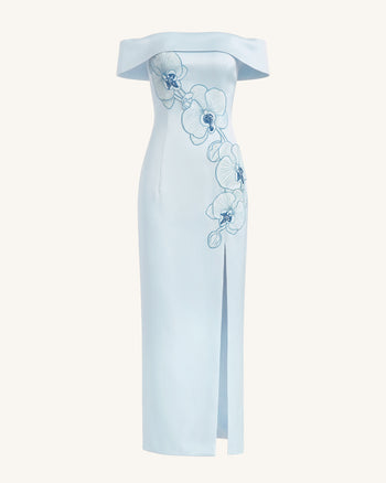 Robe longue épaules dénudées à orchidées brodées - Bleu