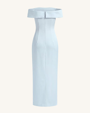 Robe longue épaules dénudées à orchidées brodées - Bleu