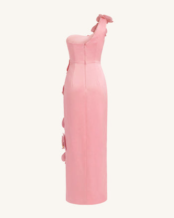 Robe longue fendue à découpes et ornements orchidées - Rose poudré