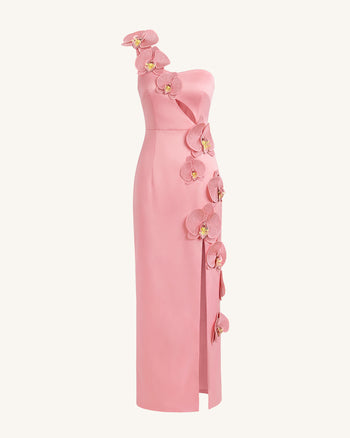 Robe longue fendue à découpes et ornements orchidées - Rose poudré
