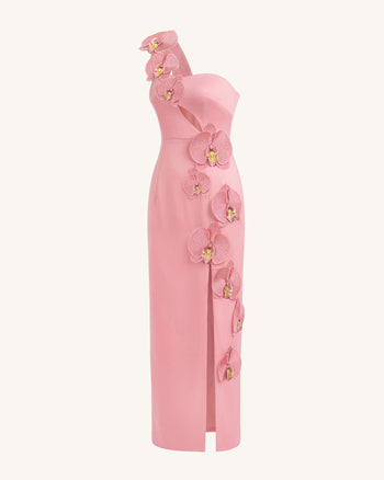Robe longue fendue à découpes et ornements orchidées - Rose poudré