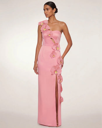 Robe longue fendue à découpes et ornements orchidées - Rose poudré