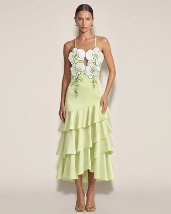Robe midi à volants et ornements orchidée - Vert clair