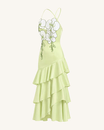 Robe midi à volants et ornements orchidée - Vert clair