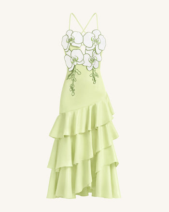 Robe midi à volants et ornements orchidée - Vert clair