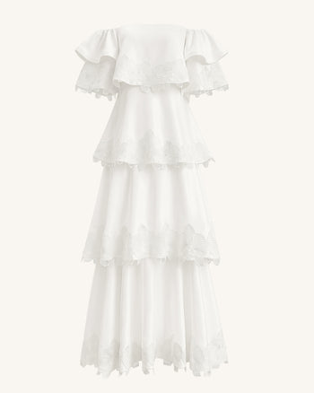 Robe longue à épaules dénudées, étages et broderies orchidées - Blanc