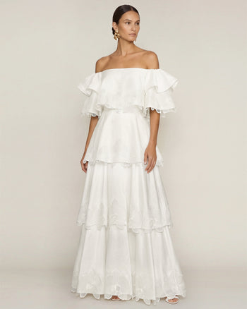 Robe longue à épaules dénudées, étages et broderies orchidées - Blanc