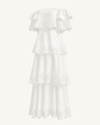 Robe longue à épaules dénudées, étages et broderies orchidées - Blanc