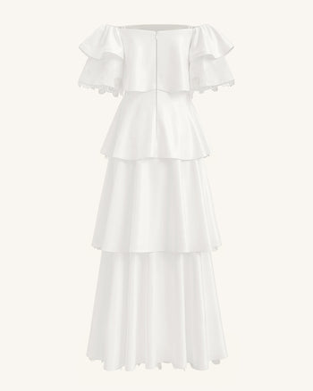 Robe longue à épaules dénudées, étages et broderies orchidées - Blanc