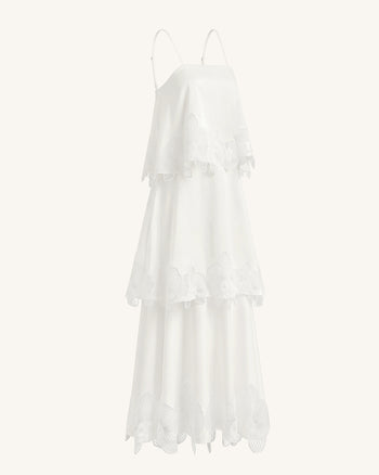Robe longue à étages et broderies orchidées - Blanc