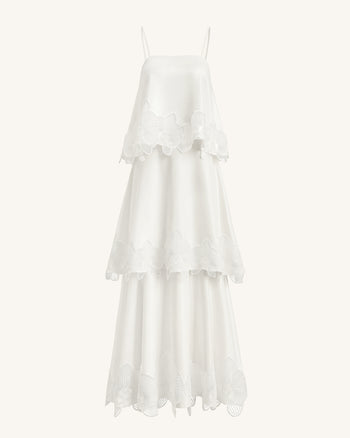 Robe longue à étages et broderies orchidées - Blanc
