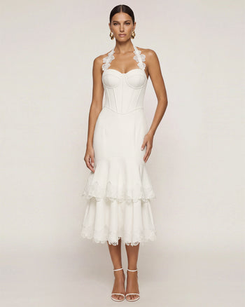 Robe midi corset à dos nu et broderies orchidées - Blanc