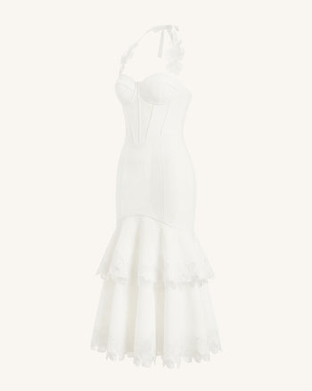 Robe midi corset à dos nu et broderies orchidées - Blanc
