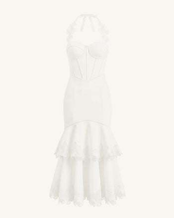 Robe midi corset à dos nu et broderies orchidées - Blanc