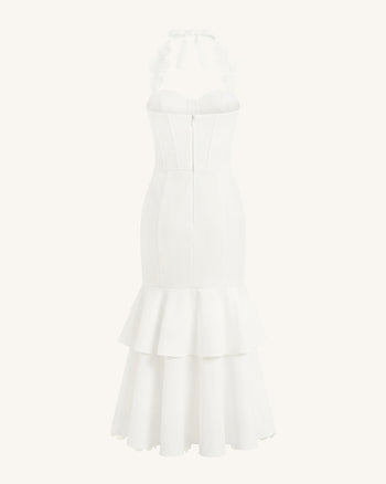 Robe midi corset à dos nu et broderies orchidées - Blanc