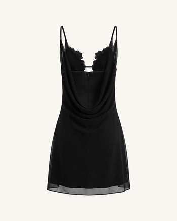 Robe courte à col bénitier et fleurs brodées - Noir