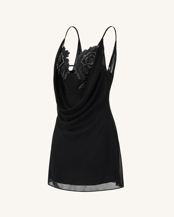 Robe courte à col bénitier et fleurs brodées - Noir