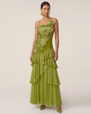 Robe longue asymétrique à volants et broderie orchidée - Vert olive